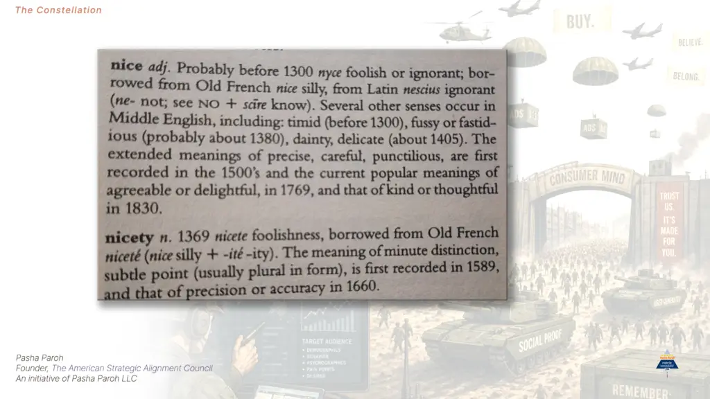 Close-up of a dictionary entry tracing nice to the Latin nescius, meaning ignorant or not knowing.